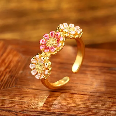 Vintage Baroque Oil Painting Series Floral Ring For Women Gold Plated Enamel Butterfly Flower Adjustable Open Ring Artificial Pearl Jewelry