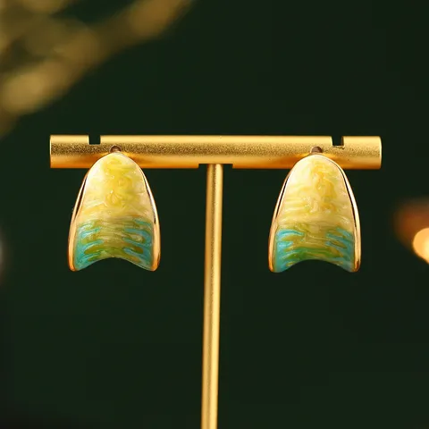 Boucles d'Oreilles Clous Fleur en Émail Vintage Français Perle Naturelle Tige en Argent Sterling 925 Style Peinture à l'Huile Van Gogh Monet Femme