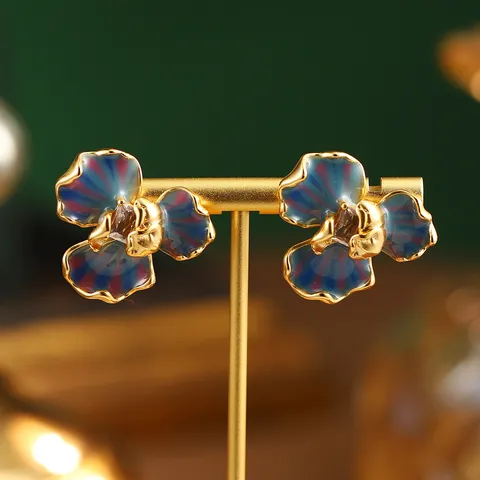 Boucles d'Oreilles Clous Fleur en Émail Vintage Français Perle Naturelle Tige en Argent Sterling 925 Style Peinture à l'Huile Van Gogh Monet Femme