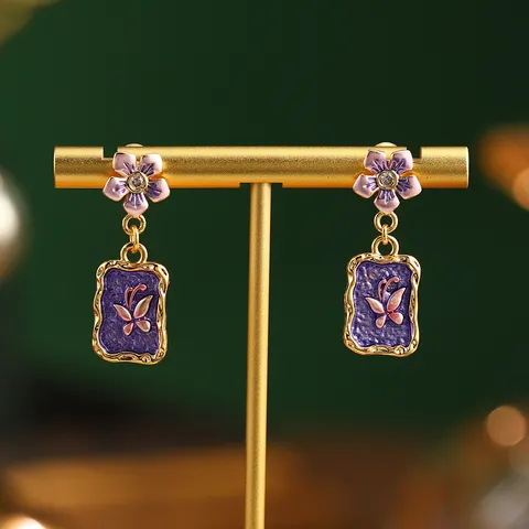 Boucles d'Oreilles Clous Style Peinture à l'Huile Jardin de Monet Émail Fleur Papillon Avec Tige en Argent Sterling 925 Perle Artificielle Bijoux Femme