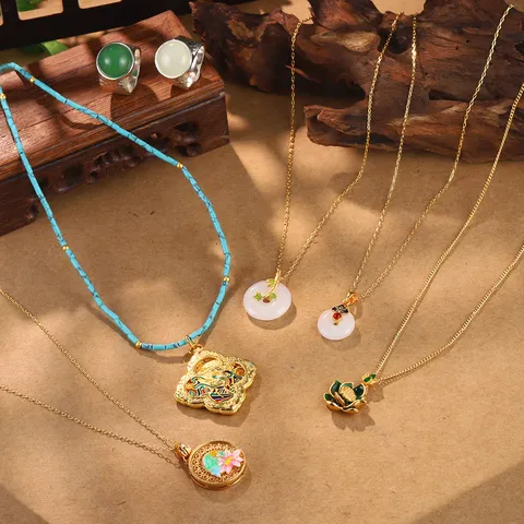 Collier Lotus Vintage Serrure de Paix Nouveau Style Chinois Chaîne à Perles Bijoux Rétro en Émail pour Femme