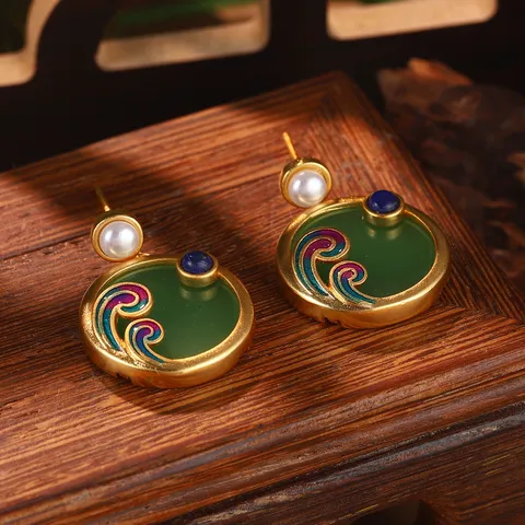 Boucles d'Oreilles Pendantes Style Nouveau Chinois Émail Floral Gland Avec Tige en Argent Sterling 925 Bijoux Vintage Imitation Agate Perle Artificielle pour Femme
