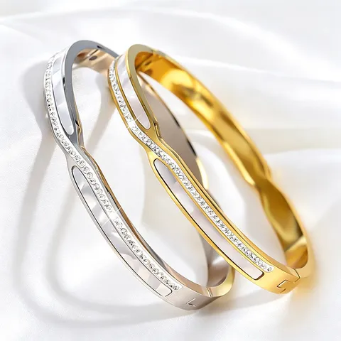 Bracelet Jonc en Acier Inoxydable à Barres Croisées pour Femmes avec Incrustation de Nacre et Accents de Strass Bijoux de Mode