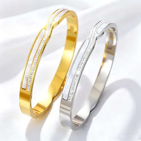 Bracelet Jonc en Acier Inoxydable à Barres Croisées pour Femmes avec Incrustation de Nacre et Accents de Strass Bijoux de Mode