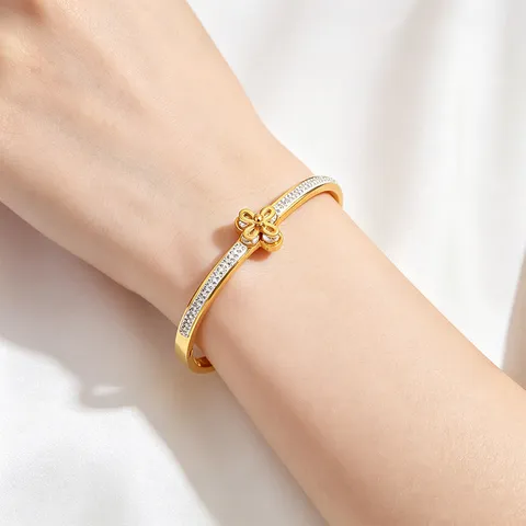 Women's 304 Stainless Steel Clover Bangle Bracelet Fashion Pave Rhinestone Starry Sky Gold Plated Elegant Jewelry Gift