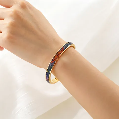 Vintage Gold Edelstahl Emaille Armreif Für Damen Bemalt Tropföl Geometrisches Blumenmuster Mode Titan Stahl Armband Schmuck Geschenk