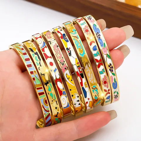 Titanstahl Emaille Armreif Für Damen Mode Gold Silber Plattiert Bunt Tropföl Blume Abstraktes Muster Schmuck