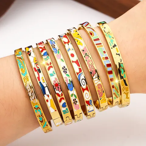 Titanstahl Emaille Armreif Für Damen Mode Gold Silber Plattiert Bunt Tropföl Blume Abstraktes Muster Schmuck