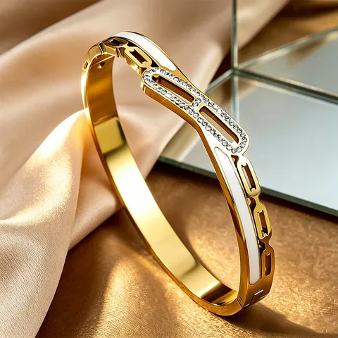 Brazalete de Lujo de Acero Inoxidable 304 con Forma de H Hueca para Mujer Chapado en Oro con Diamantes de Imitación Pulsera Abierta Joyería de Moda