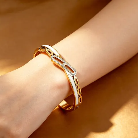 Brazalete de Lujo de Acero Inoxidable 304 con Forma de H Hueca para Mujer Chapado en Oro con Diamantes de Imitación Pulsera Abierta Joyería de Moda