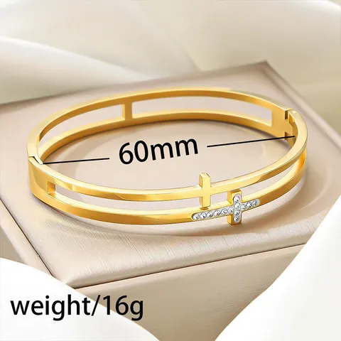 Stainless Steel Cross Hollow Bangle Rhinestone Inlaid 18K Gold Plated Fashion Bracelet For Women Christian Jewelry Accessory Gift