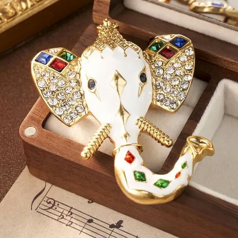 Vintage Emaille Olifant Broche Strass Dierenkop Reversspeld Mode Geluksolifant Corsage Accessoire Voor Dames Luxe Sieraden