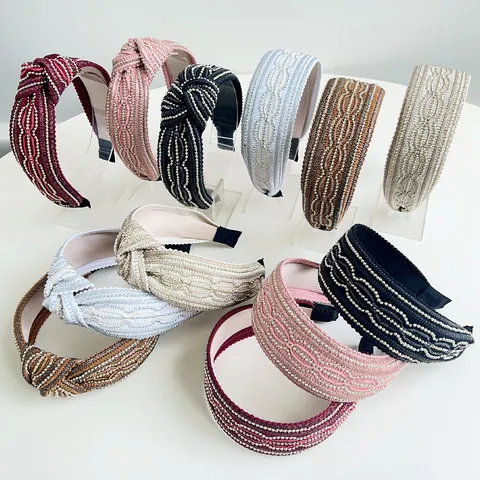 Elegant Knotted Wide Headband For Women Korean Style Bead Stripe Shimmer Rhinestone Inlaid Hair Hoop Hair Accessories