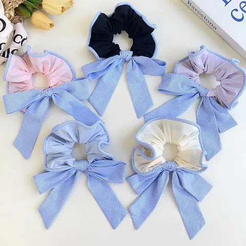 Korean Style Fresh Fabric Striped Bow Scrunchie Ruffled Ponytail Holder Sweet Simple Hair Tie For Women Hair Accessories