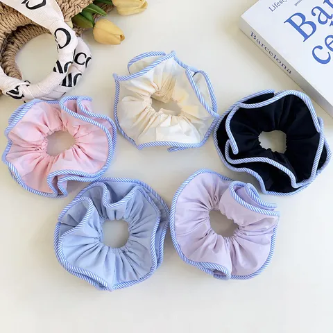 Korean Style Large Fabric Scrunchie Double Layer Striped Edge Hair Tie Durable Elastic Hair Band Ruffled Ponytail Holder For Women