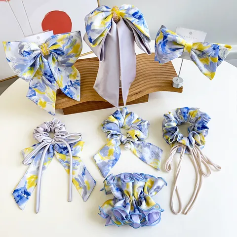 Artistic Oil Painting Smudge Bow Scrunchie For Women Elegant Satin Large Hair Tie With Ribbon Butterfly Hair Claw Clip Accessories