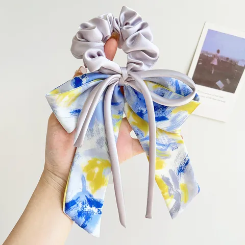 Artistic Oil Painting Smudge Bow Scrunchie For Women Elegant Satin Large Hair Tie With Ribbon Butterfly Hair Claw Clip Accessories