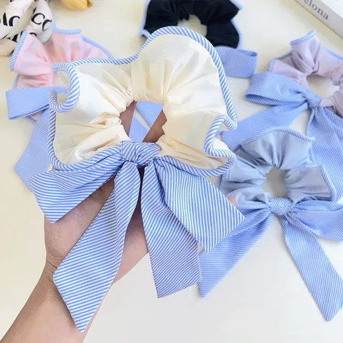Korean Style Fresh Fabric Striped Bow Scrunchie Ruffled Ponytail Holder Sweet Simple Hair Tie For Women Hair Accessories