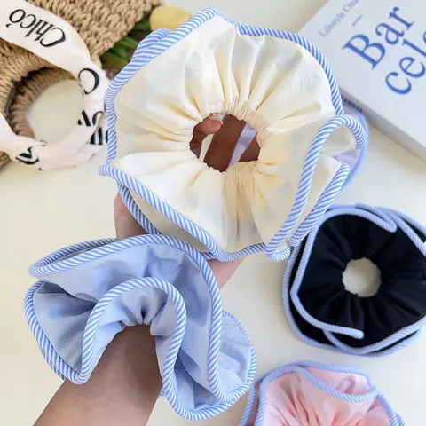 Korean Style Large Fabric Scrunchie Double Layer Striped Edge Hair Tie Durable Elastic Hair Band Ruffled Ponytail Holder For Women