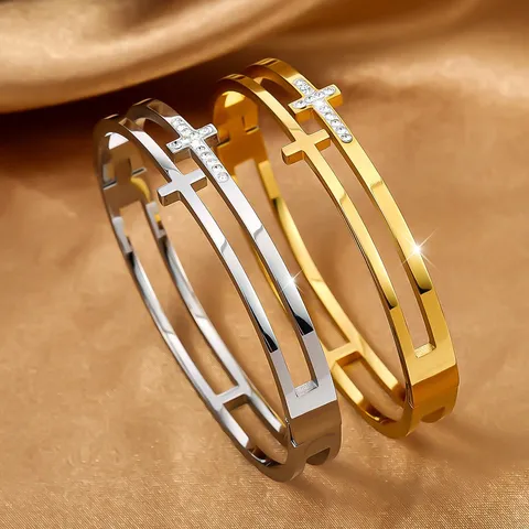 Stainless Steel Cross Hollow Bangle Rhinestone Inlaid 18K Gold Plated Fashion Bracelet For Women Christian Jewelry Accessory Gift