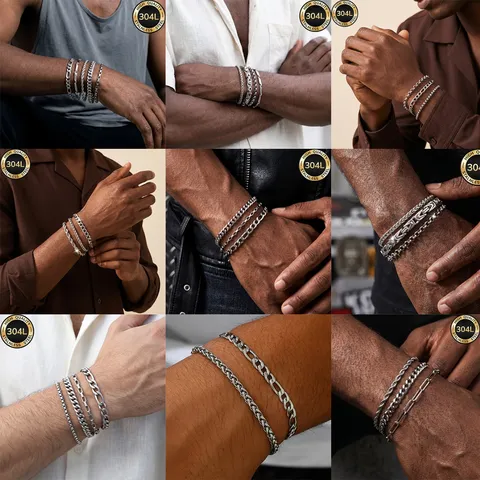 Hip-Hop Herren Edelstahl Armband Set Lagen-Look Figaro Panzerkette Silber Ton Poliert Wasserdicht Herren Schmuck