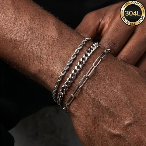 Hip-Hop Herren Edelstahl Armband Set Lagen-Look Figaro Panzerkette Silber Ton Poliert Wasserdicht Herren Schmuck