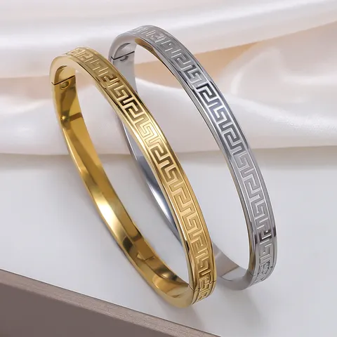 Vintage Stainless Steel Meander Pattern Carved Buckle Bangle Bracelet For Women Men Gold Silver Plated Jewelry Gift