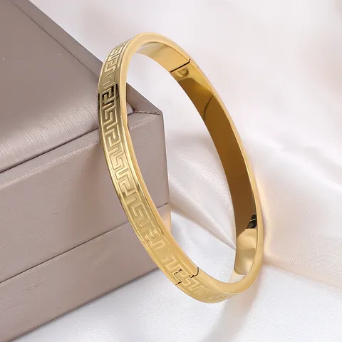 Vintage Stainless Steel Meander Pattern Carved Buckle Bangle Bracelet For Women Men Gold Silver Plated Jewelry Gift