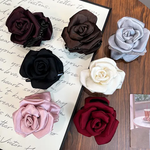 Pince à Cheveux Élégante en Satin Forme de Rose Style Français Vintage Fait à la Main Grande Pince Florale pour Femmes Accessoires de Cheveux de Princesse