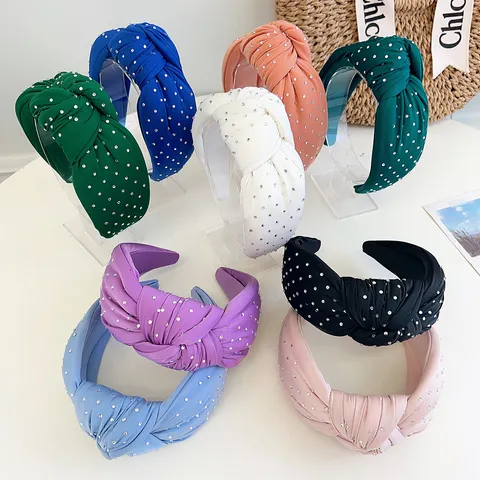Dames Mode Strass Knoop Haarband Gevoerd Stof Brede Rand Minimalistisch Effen Kleur Sprankelende Haaraccessoires