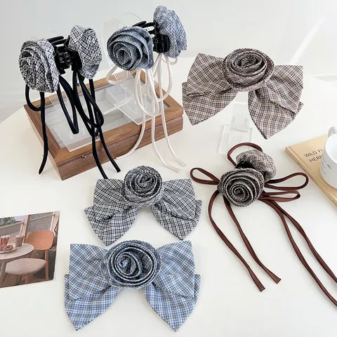 Koreanischer Stil Karomuster Stoff 3D Rose Schleife Haarklammer Mit Langem Band Französisch Vintage Gitter Haarspange Damen