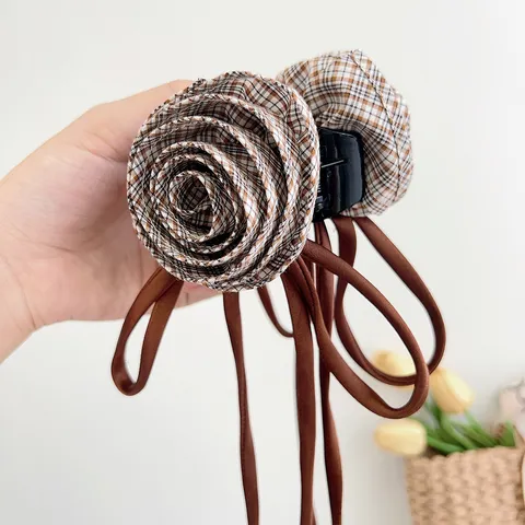 Koreanischer Stil Karomuster Stoff 3D Rose Schleife Haarklammer Mit Langem Band Französisch Vintage Gitter Haarspange Damen