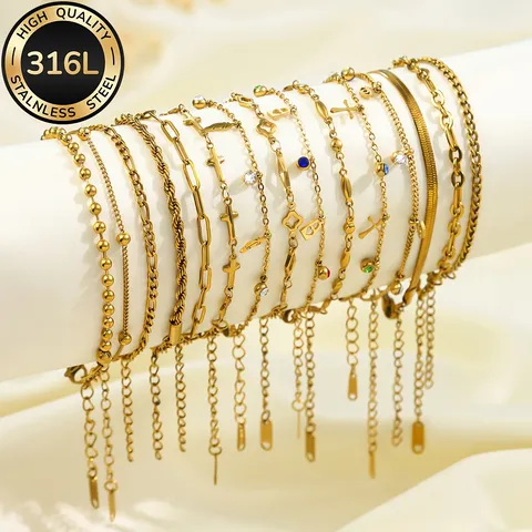 Luxus 18K Vergoldet Edelstahl Kette Armband Für Damen Minimalistisch Herz Kreuz Anhänger Strass Schmuck Geschenk