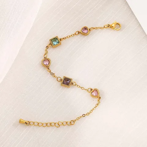 Braccialetto in Acciaio Inossidabile con Zirconia Lusso Leggero Donna Placcato Oro 18K Cuore Quadrato per Festa Ufficio