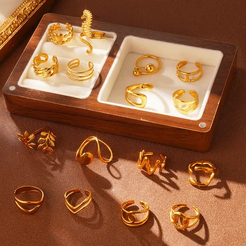 Bague Ouverte Ajustable en Acier Inoxydable de Mode pour Femmes Hommes Feuille Géométrique Onde Chaîne Gourmette Bijoux Cadeau