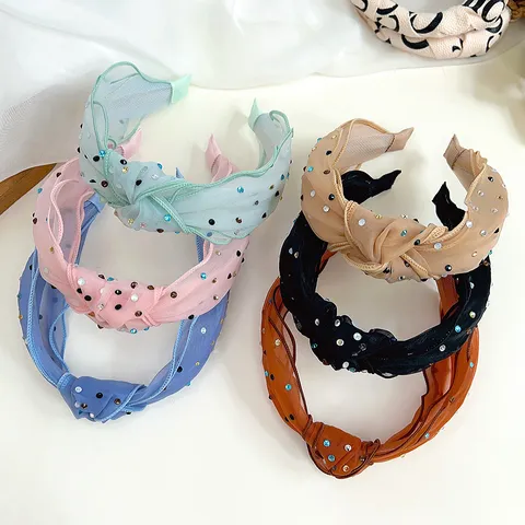 Summer New Korean Style Sweet Wide Mesh Knotted Headband For Women Colorful Rhinestone High Top Hair Hoop Accessories