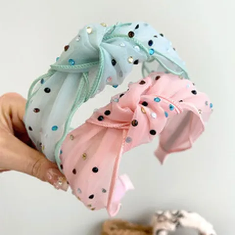 Summer New Korean Style Sweet Wide Mesh Knotted Headband For Women Colorful Rhinestone High Top Hair Hoop Accessories