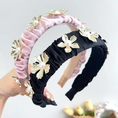 Ruched Satin Padded Headband For Women Elegant Metallic Flower And Artificial Pearl Embellished Vintage Hair Accessory