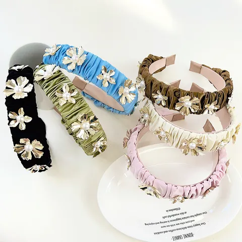 Ruched Satin Padded Headband For Women Elegant Metallic Flower And Artificial Pearl Embellished Vintage Hair Accessory