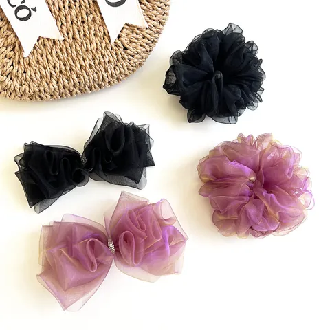 Estilo Coreano Coletero Grande de Organza Gradiente Púrpura Negro Lazo Pinza para el Pelo Hecho a Mano Elegante Accesorio para Mujer