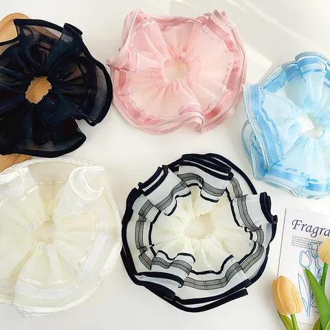 Koreanischer Stil Mesh Organza Haargummi Lagenlook Plissee Haargummi Hoch Elastisch Kontrastpaspel Haarband Damen Accessoires