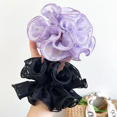 Korean Fashion Double Layer Mesh Lace Floral Print Scrunchie Large Hair Tie Ruffled Hair Rope For Women Hair Accessories