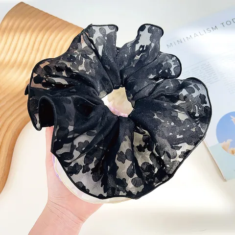 Korean Fashion Double Layer Mesh Lace Floral Print Scrunchie Large Hair Tie Ruffled Hair Rope For Women Hair Accessories