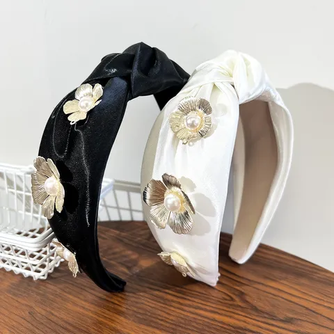 Knotted Satin Headband High Top Headband For Women With 3D Metal Flowers Artificial Pearl Elegant Hair Accessories
