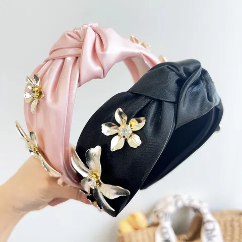 Women Vintage Satin Knotted Headband High Cranial Top Hair Hoop With 3D Metal Rhinestone Flower Fashion Hair Accessories