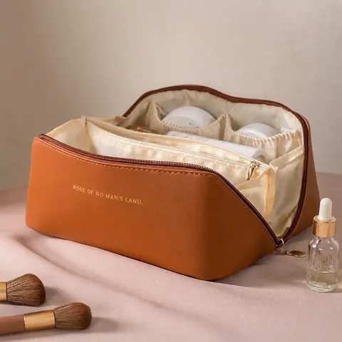 Multilayer PU Leather Cosmetic Bag Large Capacity Portable Travel Toiletry Organizer Pillow Makeup Bag For Women