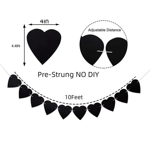 Gothic Zwart Hart Vilt Banner Valentijnsdag Bruiloft Feest Gepersonaliseerde Decoratie Hangende Guirlande Niet-geweven Stof Pull Flower