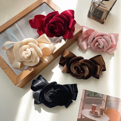 Velvet Rose Flower Hair Clip With Satin Bow Vintage French Style Large Hair Claw For Women Elegant Hair Accessories