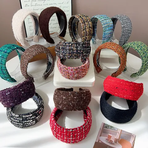 Serre-Tête Rembourré en Tweed pour Femmes Style Chanel Bandeau Tressé Large Accessoires Cheveux Mode Hiver