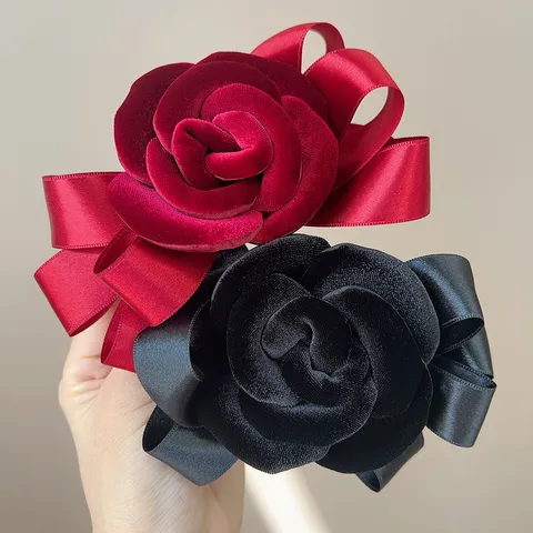 Velvet Rose Flower Hair Clip With Satin Bow Vintage French Style Large Hair Claw For Women Elegant Hair Accessories